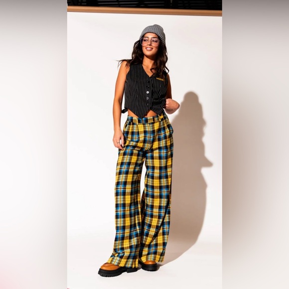 Dressed in LALA Pants - Dressed in LALA Yellow and Blue Flannel Plaid Wide Leg Pants